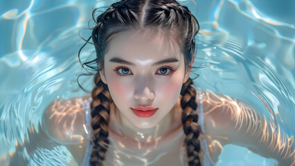 
Aquatic Elegance Sports Braids on Asian Swimmer Dynamic Style Asian Athlete with Braided Hair Waterborne Beauty Stylish Swim Look for Asian Swimmer Swim Style Asian Swimmer Sporting Sports Braids