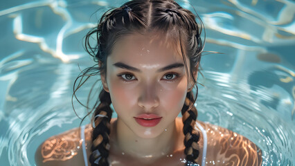 
Aquatic Elegance Sports Braids on Asian Swimmer Dynamic Style Asian Athlete with Braided Hair Waterborne Beauty Stylish Swim Look for Asian Swimmer Swim Style Asian Swimmer Sporting Sports Braids