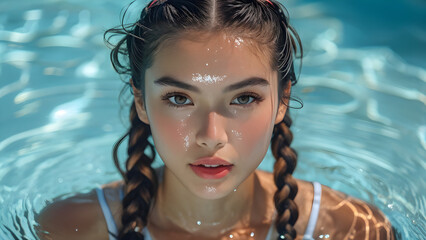 
Aquatic Elegance Sports Braids on Asian Swimmer Dynamic Style Asian Athlete with Braided Hair Waterborne Beauty Stylish Swim Look for Asian Swimmer Swim Style Asian Swimmer Sporting Sports Braids
