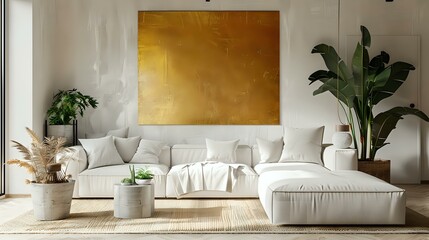modern living room with a white sofa, a golden abstract painting in the style of on the wall, planters and potted plants