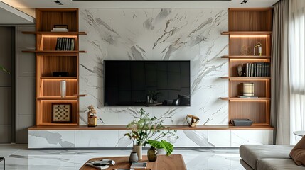 Modern living room with marble walls, builtin shelves and wooden shelfs on the sides of TV stand in front of it