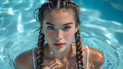 
Aquatic Elegance Sports Braids on Asian Swimmer Dynamic Style Asian Athlete with Braided Hair Waterborne Beauty Stylish Swim Look for Asian Swimmer Swim Style Asian Swimmer Sporting Sports Braids