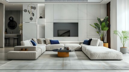 Modern style living room, light gray floor tiles, white walls and ceilings, modern sofa combination with blue and gold accents, coffee table on the carpet in front of the TV wall