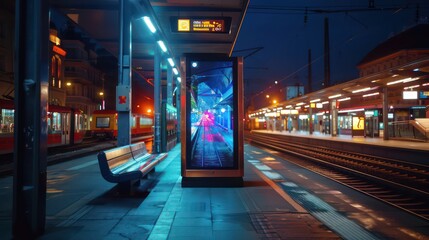 urban train station, outdoor night, late summer - obrazy, fototapety, plakaty