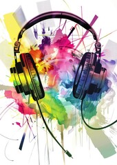 headphones playing dynamic music, and incorporate color blocks into the picture