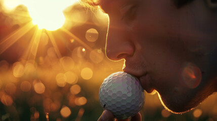Caucasian golfer man in love with golf sport kiss a ball representing the importance of golf in his life