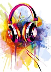 headphones playing dynamic music, and incorporate color blocks into the picture