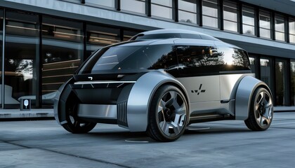 ev electric vehicle autonomous, futuristic van is silver and black, with large tires