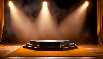 Black podium or pedestal with golden frame display on dark background with platform. Blank product shelf standing backdrop. 3D rendering.	
