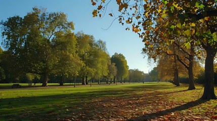 picturesque autumn in Green locus Park, London with its trees adorned