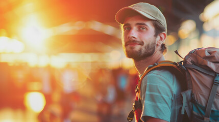 Portrait of a happy young man solo traveler with a backpack inside an airport terminal , backpacker going to an new adventure concept image with copy space