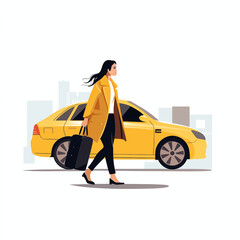 黄色いタクシーの前を歩く女性