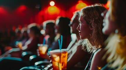 Attendees engrossed in the film being shown their nonalcoholic drinks in hand at the film festival. - obrazy, fototapety, plakaty