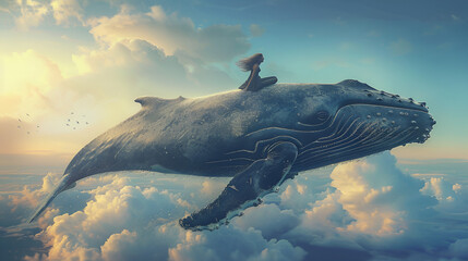 Surreal Flying Humpback Whale and a Woman on Top, generative ai
