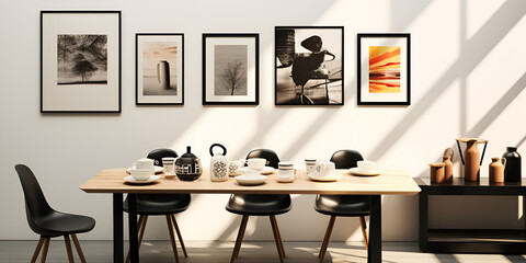 black chairs with wooden table and scenery on the wall home decor on a white wall background
