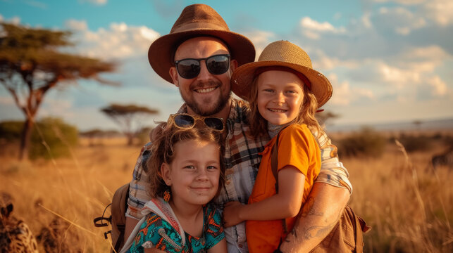 Portrait of an happy caucasian family doing a safari in Africa