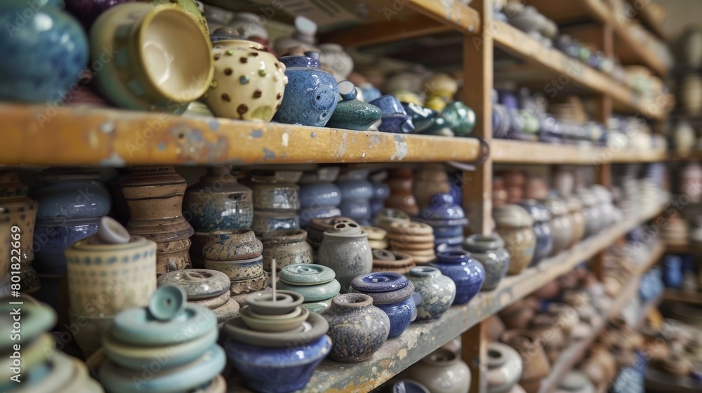 Poster a pottery studio with shelves upon shelves of custommade ceramic buttons and s on display..