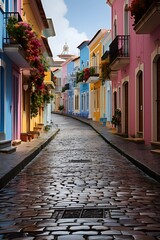 Pelourinho in Salvador's old town, colorful colonial buildings and cobblestone squares, long shot