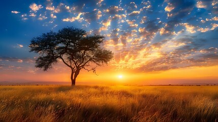 Fototapeta na wymiar sun setting behind an acacia tree on grassy plains