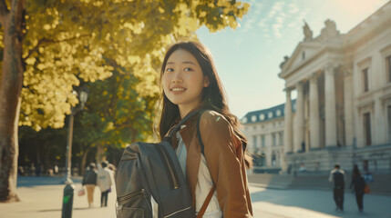 Fototapeta premium Portrait of Asian Chinese students studying abroad on a american or european campus