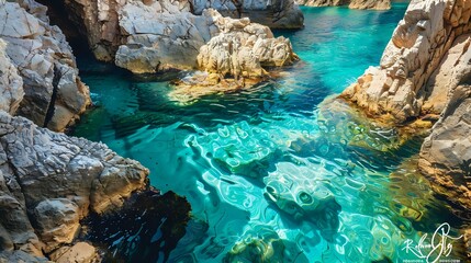 the beautiful rocks and clear blue water in Sardinia, Italy, capturing its unique beauty with vibrant colors, natural light