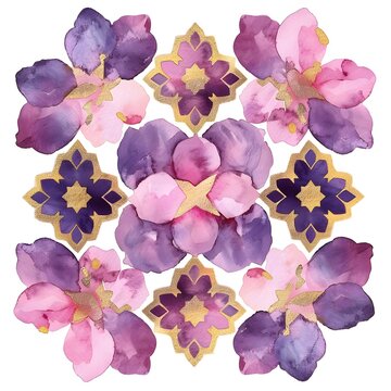 watercolor purple and pink flowers in the shape of an Arabic pattern