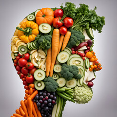 A profile of a human face made of vegetables and fruits