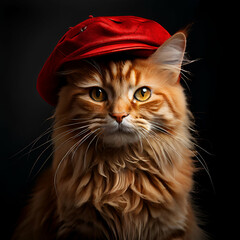 A cat wearing a red hat