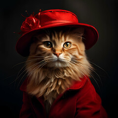 A cat wearing a red hat