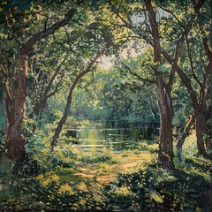 lush forest, trees, canopies densely covered with vibrant green leaves