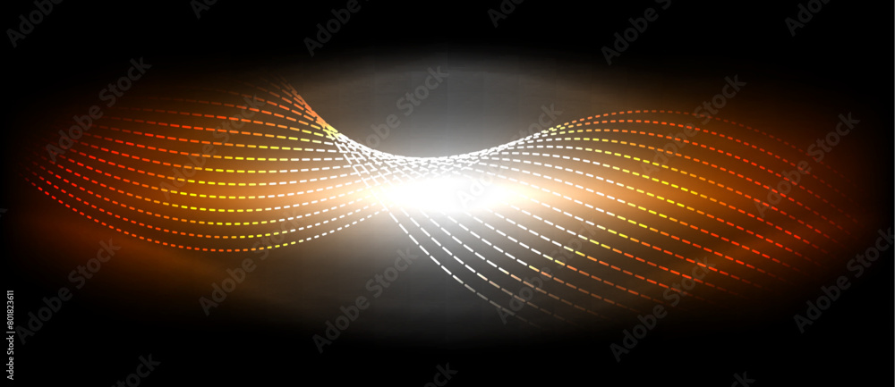 Poster An astronomical object resembling a glowing wave emits amber gas with tints and shades on a dark background. A lens flare adds to the artistry, creating a luminous circle pattern against the horizon