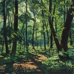 lush forest, trees, canopies densely covered with vibrant green leaves