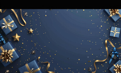 Festive background with blue gift boxes and golden stars on a dark navy color. Christmas, birthday or wedding concept. Flat lay, top view