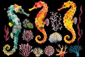 watercolor seahorses clip art set, transparent background