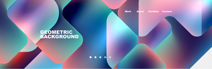 A vibrant geometric background featuring a gradient of violet, magenta, and electric blue. The design includes circles, triangles, and symmetrical patterns, creating a visually stunning piece of art
