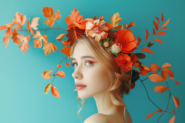 Portrait of a blonde hair caucasian young woman with fall or autumn theme isolated on blue background