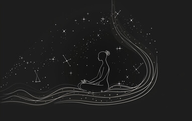A minimalist line art depicting the silhouette of a meditating figure with a straight line extending upward from the figure to the stars, where it dissipates completely.  - obrazy, fototapety, plakaty