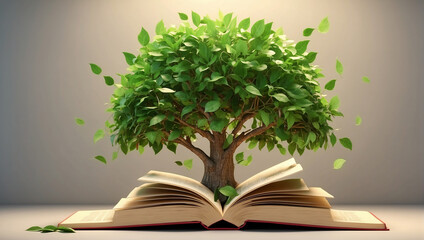  A open book with a tree growing out of it. 