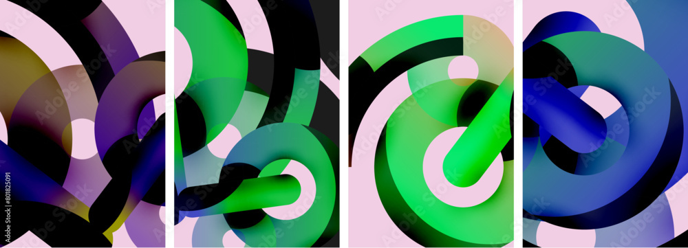 Poster a vibrant collage of four different colored swirls on a pink background. the colorful swirls create 