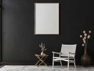 modern room, with white empty painting frame in the center on a black wall