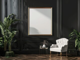 modern room, with white empty painting frame in the center on a black wall