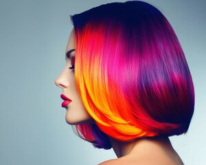 A beautiful woman with a colorful straight bob hairstyle,