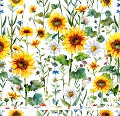 Watercolor sunflowers and wild flowers pattern, white background, seamless pattern