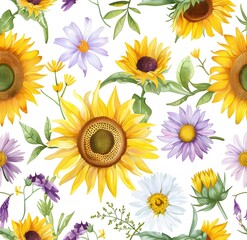 Watercolor sunflowers and wild flowers pattern, white background, seamless pattern