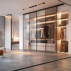 walk through closet, glass sliding doors, white closed closet