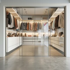 walk through closet, glass sliding doors, white closed closet