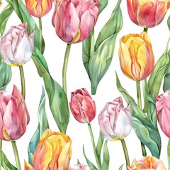 watercolor tulips pattern, pink and yellow tulip flowers with green leaves on white background, seamless pattern