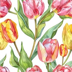 Obraz premium watercolor tulips pattern, pink and yellow tulip flowers with green leaves on white background, seamless pattern