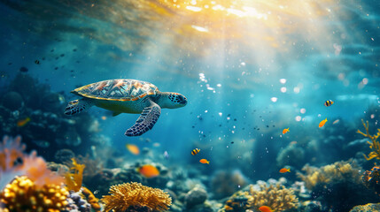 A vibrant underwater scene showcases reduced ocean waste and improved recycling on land. Colorful fish and turtle  a thriving coral reef depict a sustainable environment.