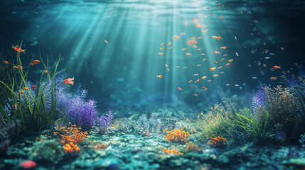 Corals, seaweed, fish, nature and world ocean, illustration. View underwater to surface ocean,...